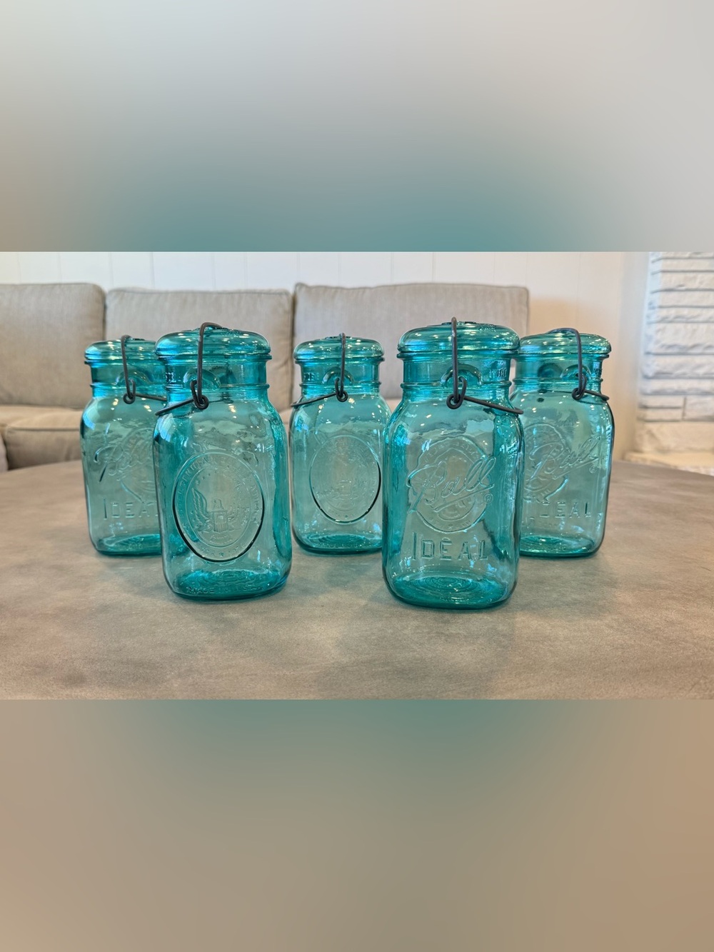 Lot of 5 Vintage 1976 Bicentennial teal blue Mason Jars.